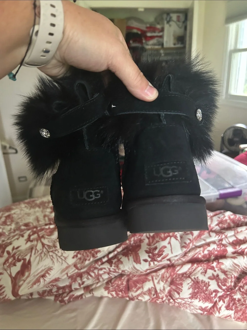 UGG Black Suede Faux-Fur Cuff Button Boot-NWOT
